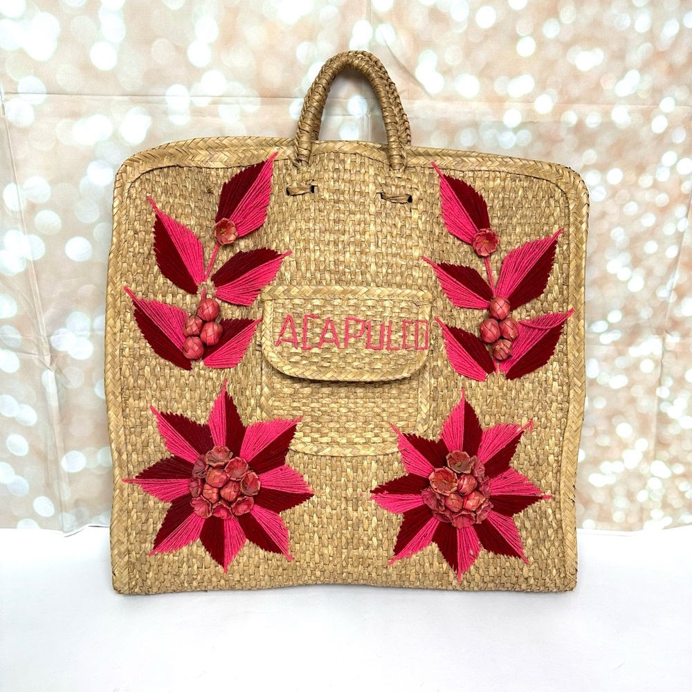 Vtg 60s Mexico Straw Woven Large Tote Beach Bag w 3D Pink Flowers